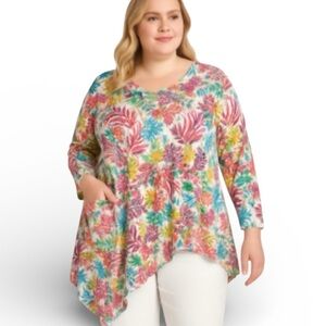 Fresh Produce Floral Long Sleeve Asymmetrical Tunic Top Beach Casual  2X